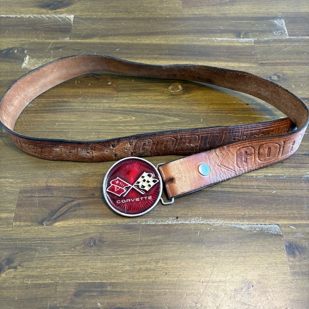 Vintage Corvette Logo Buckle Leather Belt Embossed Cars Edgy Flag